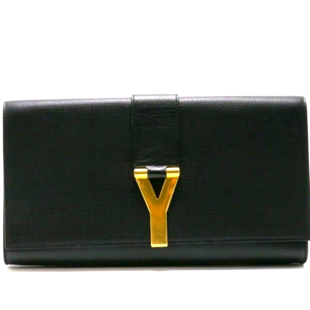 YVES SAINT LAURENT PARIS BLACK LEATHER LARGE CHYC CLUTCH